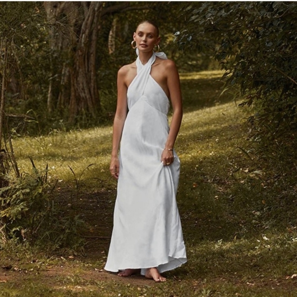 DISSH White Halter Midi Dress with Twist Neck